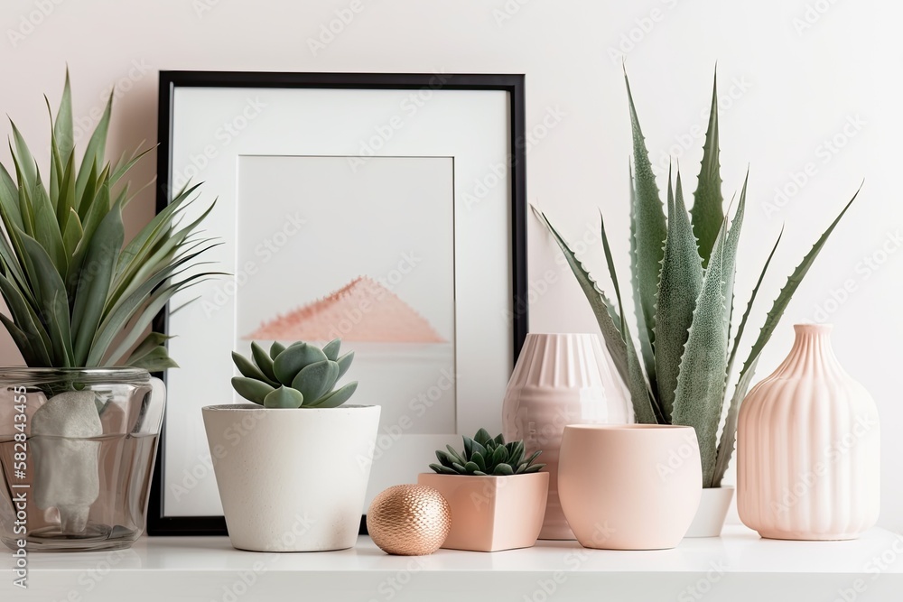 Fototapeta premium On a white table with aloe and vases, a silver frame is empty. a mockup with copy. Generative AI