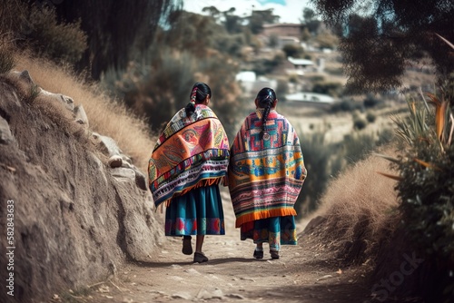 Back view of two Quechua indigenous women in traditional clothes walking in rural path. Generative AI
