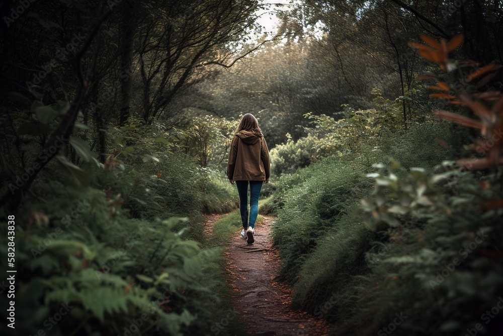 Girl back view walking among natural forest park. Generative AI Girl back view walking among natural forest park. Generative AI