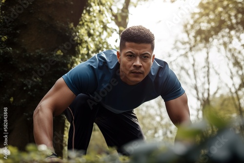 Man working out in outdoors park as background. Low angle view. Generative AI