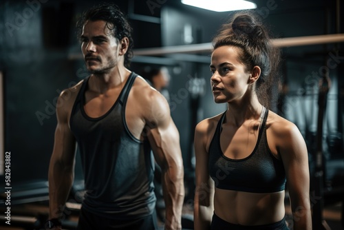 Couple exercising together at the gym. Dark background. Generative AI
