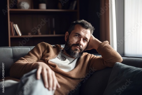 Attractive man resting relaxing in the sofa at home. Generative AI