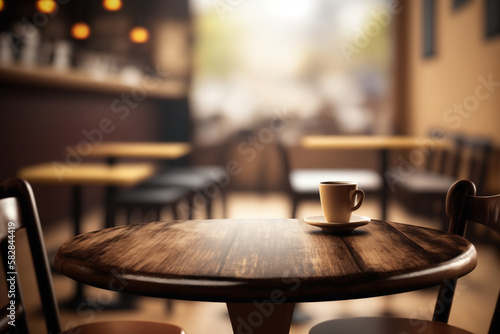 Empty wooden table top on blurred background of morning cafe. Mock up. AI Generated.