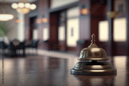 Hotel service call at the front desk against the backdrop of the hotel lobby. Hotel business concept. AI Generated.