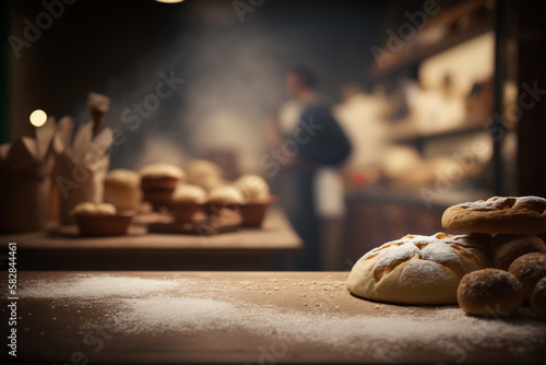 Wooden table top on blurred background of bakery for product display iri advertising. AI Generated.