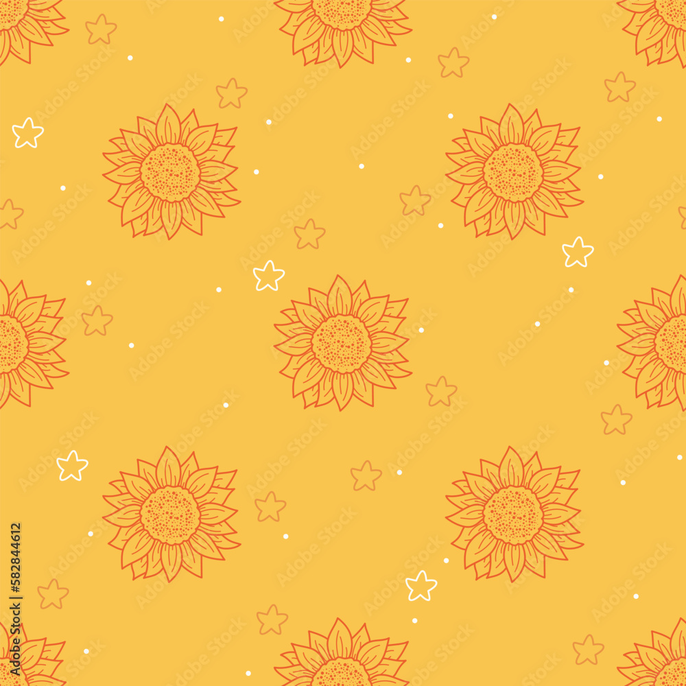 Seamless vector pattern with sunflowers and stars. Vintage summer texture. Fun design. Lineart floral background for wrapping paper, textile, fabric, wallpaper, gift, greeting card, packaging, apparel