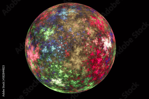 Multi-colored sphere of curved strokes on a black background. Abstract fractal 3D rendering
