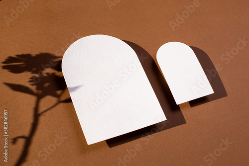 Modern minimal design. Business card different arch shape in vintage style. Modern abstract white card with yellow flower with hard shadow .  Trend color 2025 Mocha Mousse