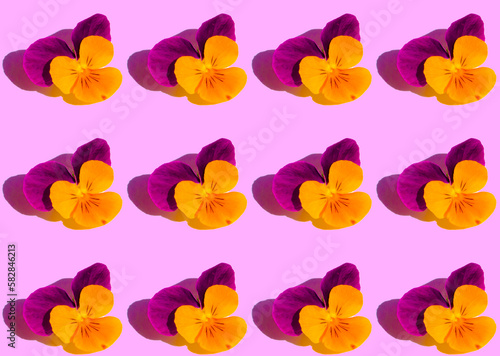 pansies flowers print on pink background diagonal