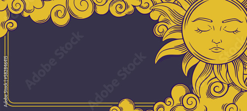 Tarot banner with moon and sun. Golden tarot frame for esoteric designs. Vector illustration isolated on dark backround