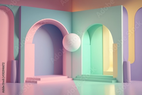 Stand podium wall scene pastel color background, geometric shape for product display presentation.