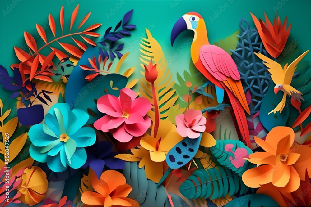 Tropical design with a border frame of exotic fruits, flowers, and birds in vibrant colors on a blue background. generative ai