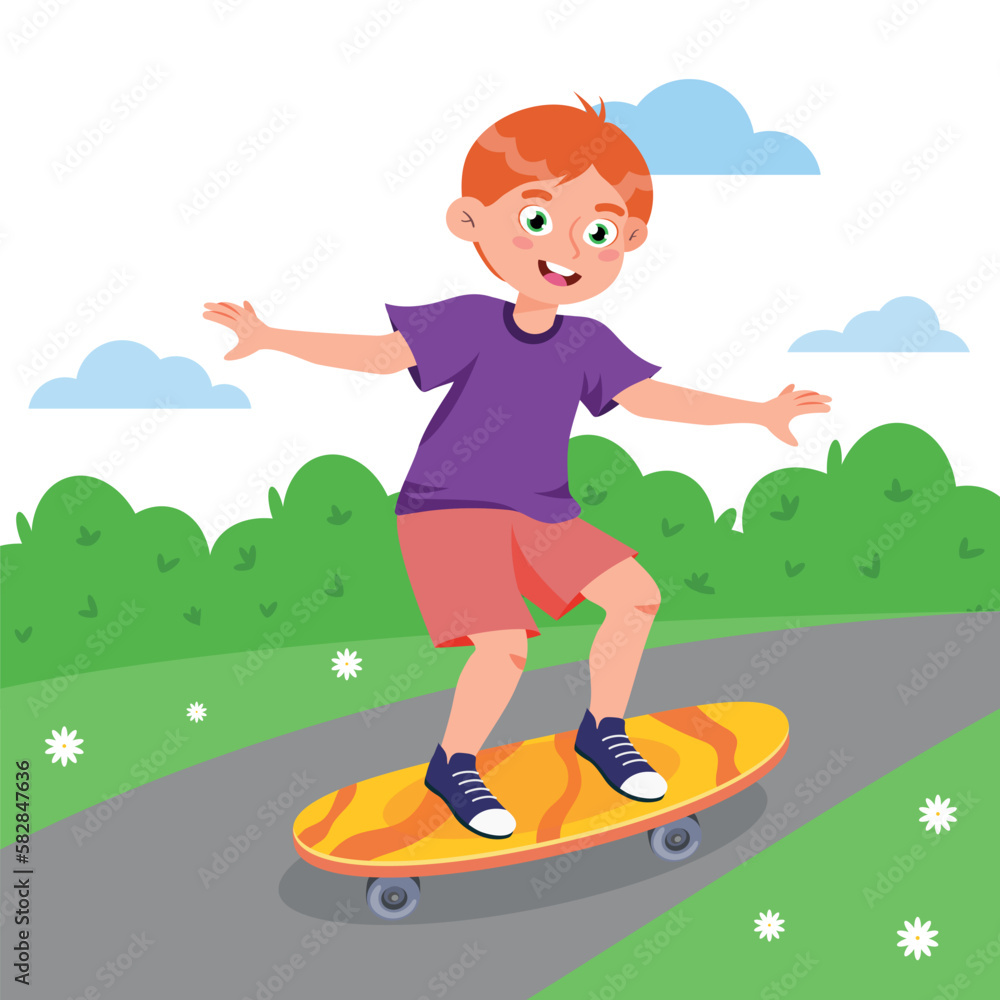 Vector illustration of a handsome boy riding a skateboard in a park with bushes and clouds. Cartoon scene with a guy doing a trick on a skateboard. Street extreme sport.