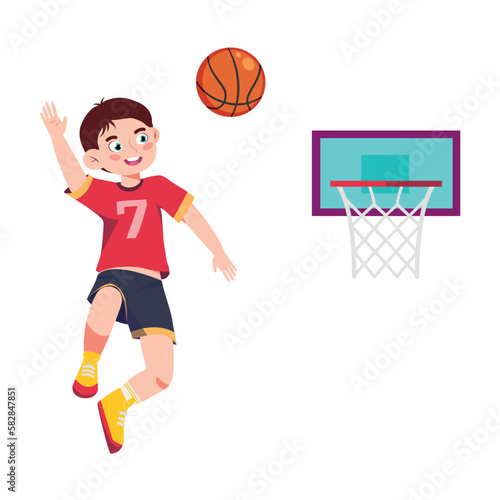 Vector illustration of a handsome basketball player boy. A cartoon scene with a smiling sports basketball player throwing the ball into the opponent's hoop isolated on a white background.