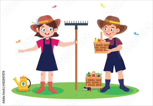 Vector illustration of cute boy and girl gardeners. A cartoon scene with a smiling girl holding a rake and a watering can in her hand, and a boy with baskets of harvested vegetables .