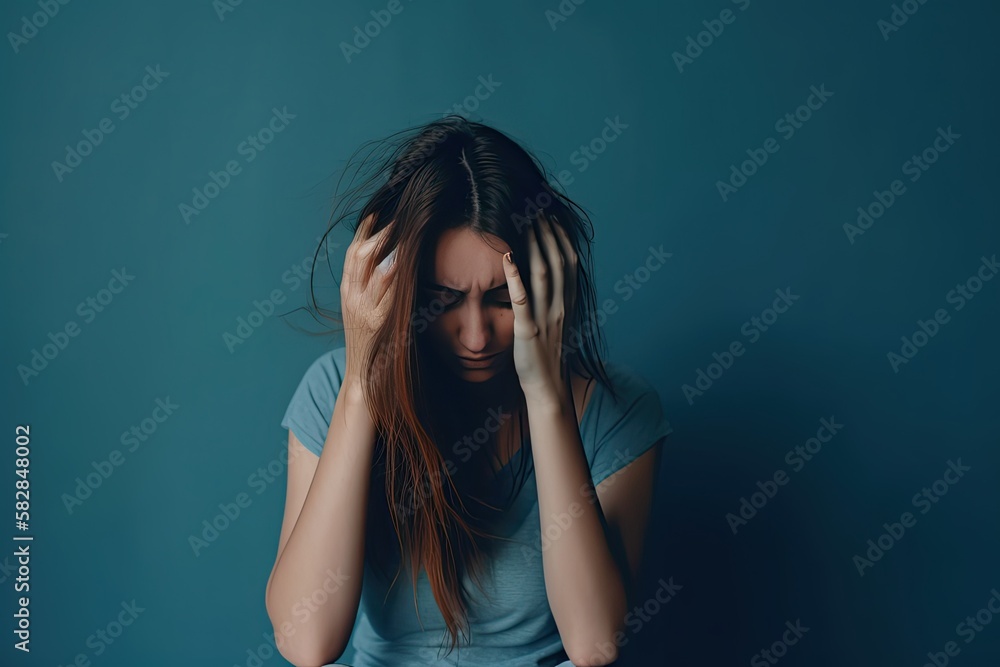 Portrait of a Woman Depressed and Anxious on a Blue Background (Generative AI) Portrait of a Woman Depressed and Anxious on a Blue Background (Generative AI)