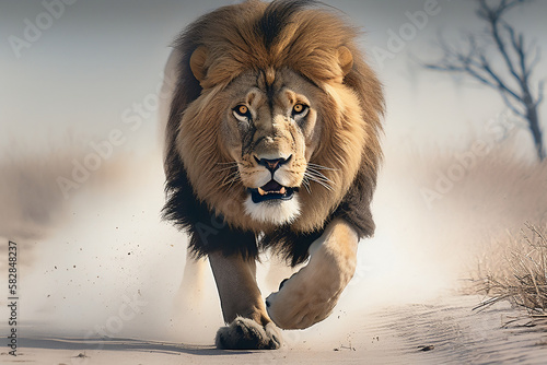 Lion running towards the camera.
