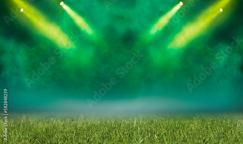 Textured grass soccer game field with neon fog