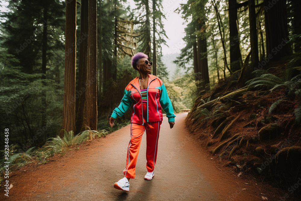 Φωτογραφία Mature black woman hiking in the forest wearing colorful track suit for her walk