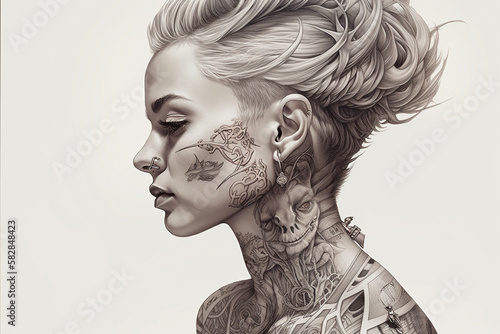Detailed, realistic drawing of a beautiful woman with detailed tattoo on her face and neck. Isolated on white background. generative AI