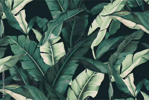 Leafy tropical pattern with jungle foliage, including palm and banana leaves. generative ai