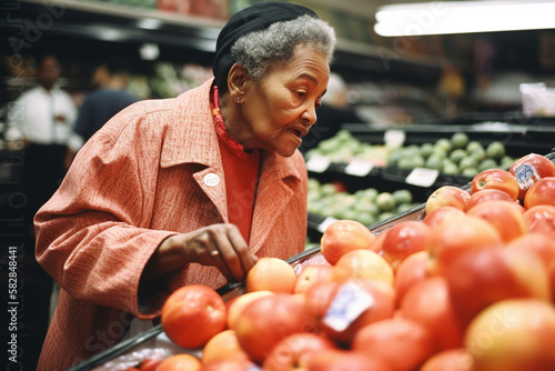 Mature African American woman shopping for fresh produce at the market. generative AI