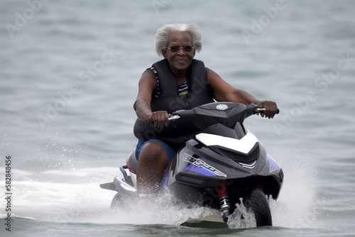 Black Grandma racing on lake water riding a jet ski and having fun. Elderly African American woman. generative AI