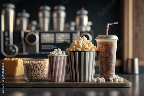 Cinema snack bar with popcorn and soft drinks. AI generated
