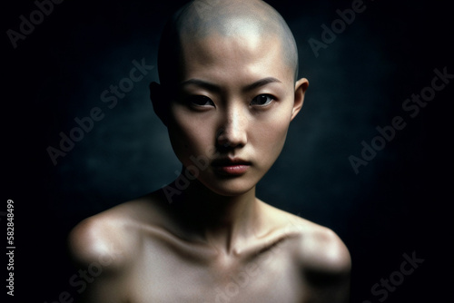 Asian woman with bald head and intense stare. generative AI