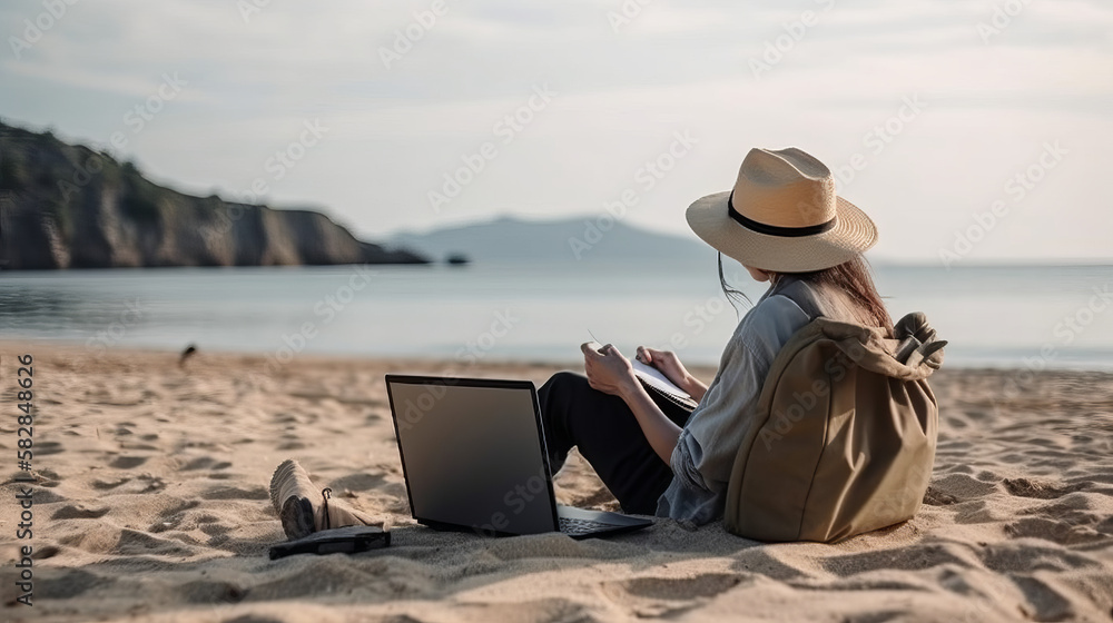 Young woman working remotely from the beach while using a laptop Concept of remote work, online education, and freelancing - Generative AI