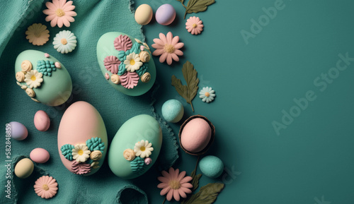Teal easter scene for ads or websites plenty of copyspace generative ai