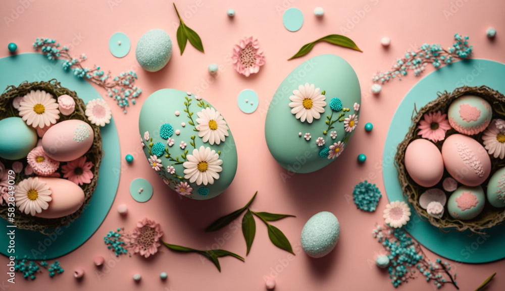 Pink background easter scene with eggs and flowers generative ai