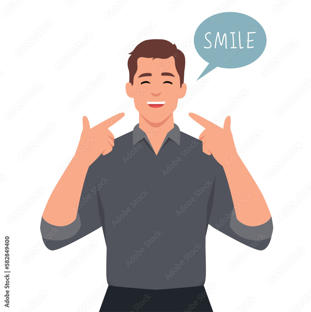 Young man cartoon character happy and giving smile using his hand pointing to his mouth and asking people to smile. He is getting idea from book. Flat vector illustration isolated on white background Young man cartoon character happy and giving smile using his hand pointing to his mouth and asking people to smile. He is getting idea from book. Flat vector illustration isolated on white background