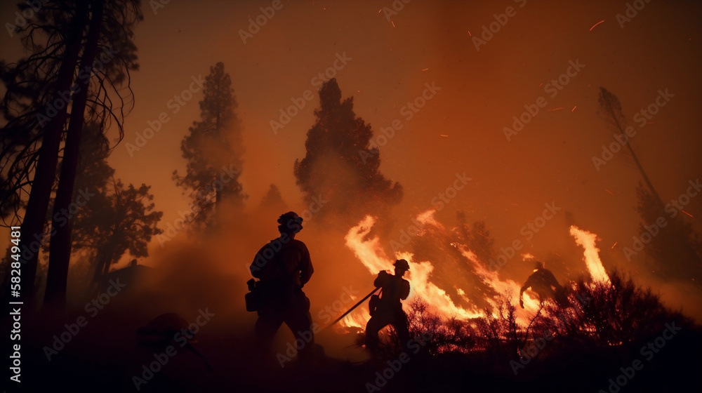 Firefighters battle a wildfire that burned a forest, charred trees and smoke.. The impact of global warming in world on changing seasons and climate, and the urgent need for action. generative ai Firefighters battle a wildfire that burned a forest, charred trees and smoke.. The impact of global warming in world on changing seasons and climate, and the urgent need for action. generative ai