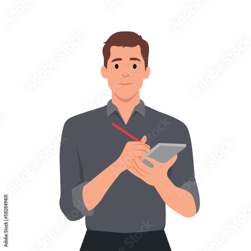 Journalist character vector. Cartoon in flat style design. Smiling man in business suite takes notes in notepad. Illustration for business concepts. He is getting idea from book. Flat vector 