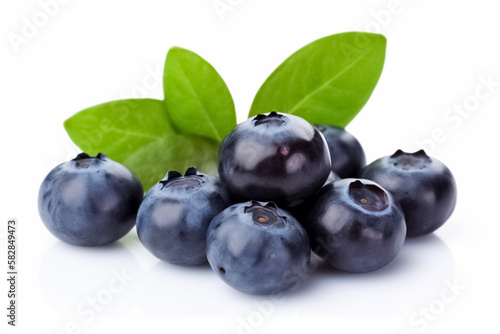 Blueberries and leaves isolated on white background. Fresh ripe blueberry. Clipping path. Bilberry. Bilberry on white background. generative ai


