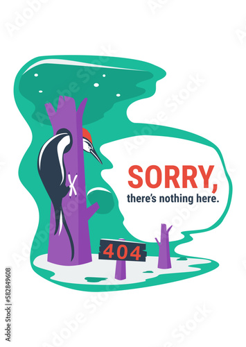 Error 404 unavailable web page. Sorry, there's nothing here landing page with the woodpecker. Vector.