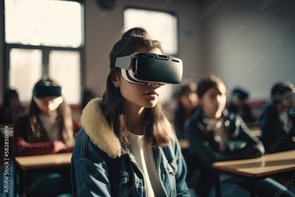 Many multicultural, multiracial schoolchildren using virtual reality headsets at the classroom Many multicultural, multiracial schoolchildren using virtual reality headsets at the classroom