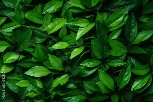 Top view on fresh organic green tea leaves. Healthy green food and vegan background. generative ai 