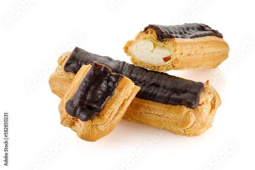Eclairs isolated on white background. Delicious french dessert. Sweet dessert.