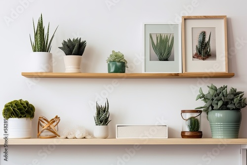 mock up of a white shelf holding a mock up frame with succulent and cactus plants. Copy space. Generative AI © AkuAku