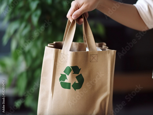 hands holding reusable fabric shopping bag, eco-friendly lifestyle, sustainable living, generative AI