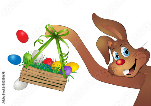 Osterhase hält fröhlich einen Korb mit Gras und Ostereier,
ein paar Ostereier fallen heraus,
Vektor Illustration isoliert auf weißem Hintergrund
