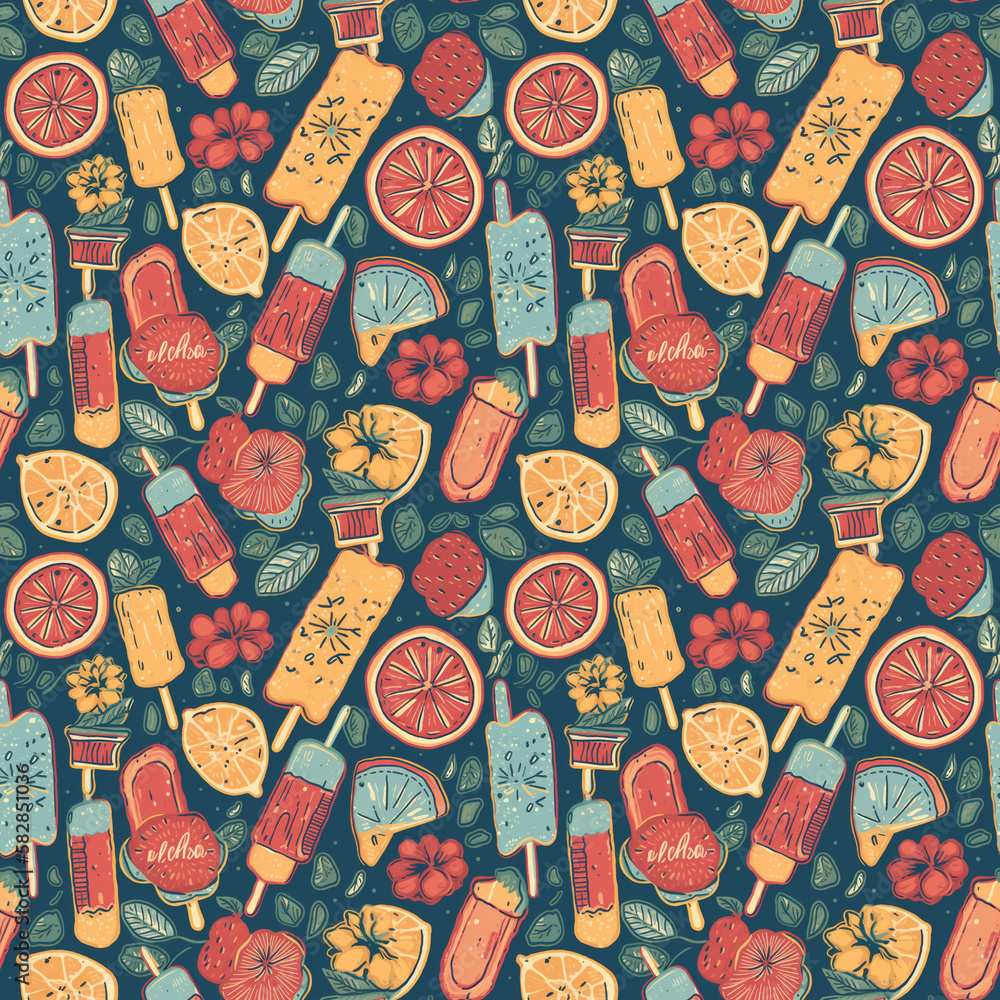 Seamless pattern with citrus and frozen juice ice-creame. The vibrant colors and playful design evoke the sweet and refreshing tastes of summer. Generative AI.