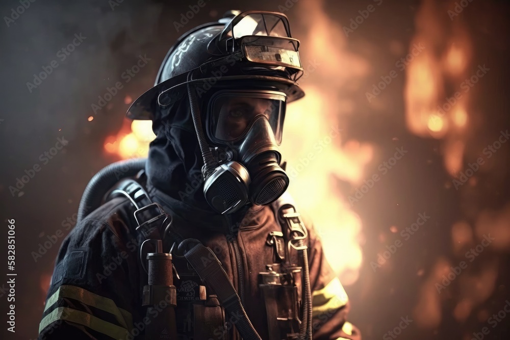 Firefighter searching for possible survives. Generative AI