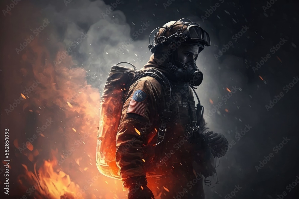 Firefighter searching for possible survives. Generative AI Firefighter searching for possible survives. Generative AI
