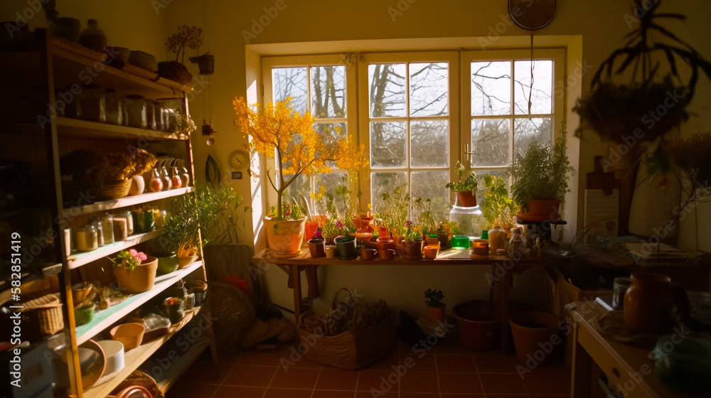 A rural bright and inviting kitchen interior, filled with the colors and scents of spring. Focusing on the abundance of fresh produce and bouquets of flowers.