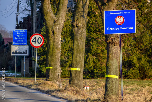 Republic of Poland border sign with Polish inscription Republic of Poland, state border.
