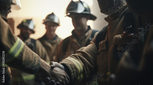 Heroes United: Firefighters Celebrating with a Group Handshake, GENERATIVE AI