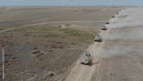 Aerial view of a convoy of Russian armored vehicles, Latakia province, Syria. photo